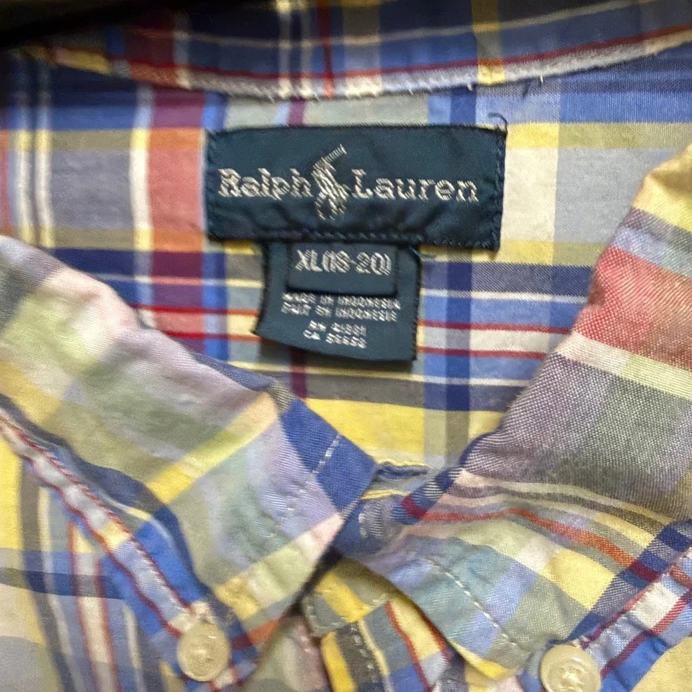 Ralph Lauren Plaid Button Down Shirt Long Sleeve Yellow Blue Red XL 18-20 Boys‎
